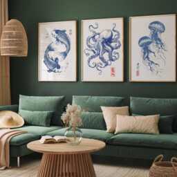 Set Of 3 Japanese Sealife Art - Blue Koi Fish Print Octopus Illustration Jellyfish Poster Coastal Japandi Decor Nautical Wall - thumbnail 2