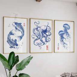 Set Of 3 Japanese Sealife Art - Blue Koi Fish Print Octopus Illustration Jellyfish Poster Coastal Japandi Decor Nautical Wall - thumbnail 1