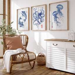 Set Of 3 Japanese Sealife Art - Blue Koi Fish Print Octopus Illustration Jellyfish Poster Coastal Japandi Decor Nautical Wall - thumbnail 3