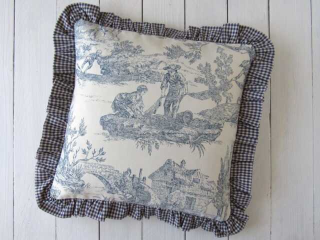 Toile De Jouy Ruffle Pillow Cover 16x16 Inch - Blue Offwhite French Country Cushion, Handmade Gingham Trim - image 1