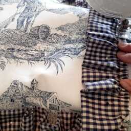 Toile De Jouy Ruffle Pillow Cover 16x16 Inch - Blue Offwhite French Country Cushion, Handmade Gingham Trim - thumbnail 4