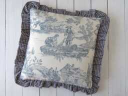 Toile De Jouy Ruffle Pillow Cover 16x16 Inch - Blue Offwhite French Country Cushion, Handmade Gingham Trim - thumbnail 1