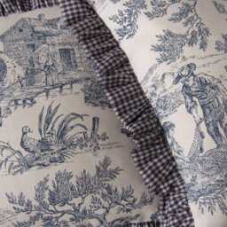 Toile De Jouy Ruffle Pillow Cover 16x16 Inch - Blue Offwhite French Country Cushion, Handmade Gingham Trim - thumbnail 3