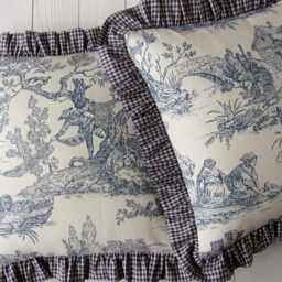 Toile De Jouy Ruffle Pillow Cover 16x16 Inch - Blue Offwhite French Country Cushion, Handmade Gingham Trim - thumbnail 2