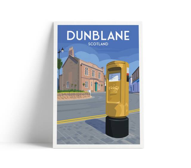 Dunblane Travel Poster - Gold Post Box Stirlingshire Scotland Old Sheriff Court - image 1