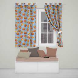 Cute Kawaii Burger Fries Hotdog Fast Food Seamless Pattern Blue Background Readymade Eyelet Ring Top Thermal 100% Blackout Curtains - thumbnail 1