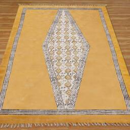 Hand Block Printed Yellow Cotton Dhurrie Rug, Bohemian Style - thumbnail 3