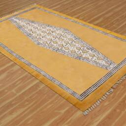 Hand Block Printed Yellow Cotton Dhurrie Rug, Bohemian Style - thumbnail 2