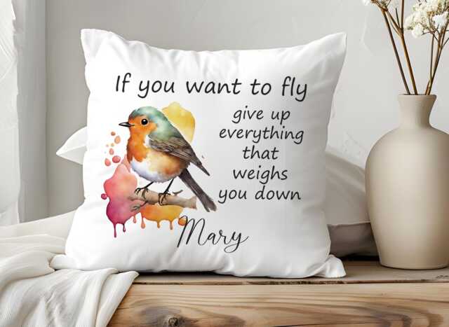 Personalised Robin Bird Cushion With Inspirational Quote - Custom Design Watercolour Pillow Motivational Keepsake - image 1