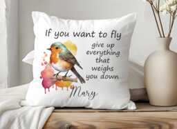 Personalised Robin Bird Cushion With Inspirational Quote - Custom Design Watercolour Pillow Motivational Keepsake - thumbnail 1