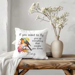 Personalised Robin Bird Cushion With Inspirational Quote - Custom Design Watercolour Pillow Motivational Keepsake - thumbnail 2