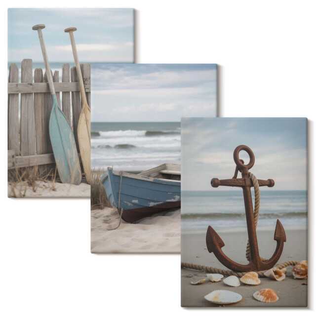 Canvas Wall Art Set Of 3 - A Beach With Rowboat & An Anchor in The Sand, Blue Large Art, Landscapes Decor - image 1