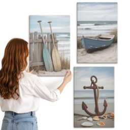 Canvas Wall Art Set Of 3 - A Beach With Rowboat & An Anchor in The Sand, Blue Large Art, Landscapes Decor - thumbnail 2