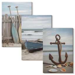Canvas Wall Art Set Of 3 - A Beach With Rowboat & An Anchor in The Sand, Blue Large Art, Landscapes Decor - thumbnail 1