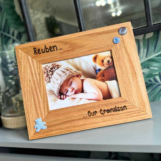 "Our First Grandchild Solid Oak Photo Frame - Personalised Wooden Picture 6x4"", 7x5" - image 1