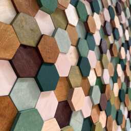 Handmade Hexagon Wall Art - Wood Decor Green Brown Beige Mosaic - thumbnail 4