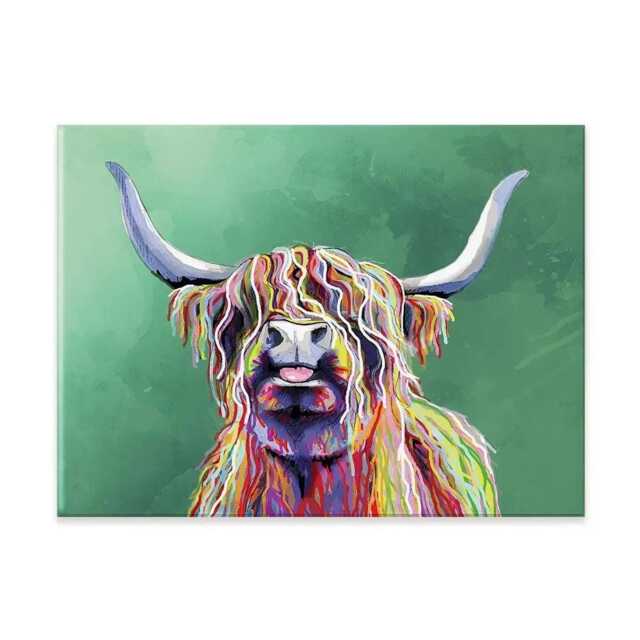 Colorful Highland Cow Canvas Print, Tongue Out, Green Wall Art - image 1