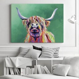 Colorful Highland Cow Canvas Print, Tongue Out, Green Wall Art - thumbnail 2
