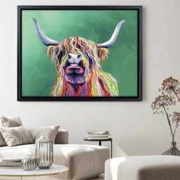 Colorful Highland Cow Canvas Print, Tongue Out, Green Wall Art - thumbnail 3