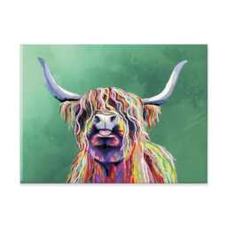 Colorful Highland Cow Canvas Print, Tongue Out, Green Wall Art - thumbnail 1