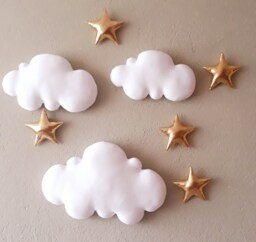 Clouds & Stars Nursery Wall Hanging, Soft Cloud Decor, Fabric Soft Cloud Wall Hanging, Baby Shower, 3D Decor, White Sky Decor - thumbnail 1