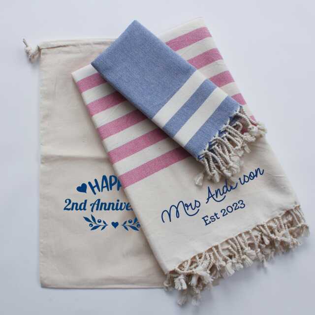 Personalised Cotton Beach Towel Set - 2nd Wedding Anniversary Gift Thank You Gift - image 1