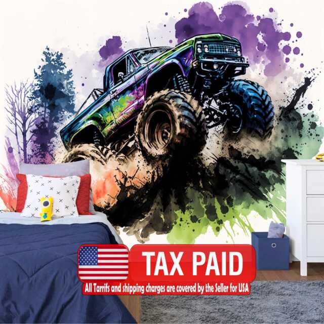 Wallpaper, Monster Truck Watercolor Wall Mural, Kids Room Decor Peel & Stick - image 1