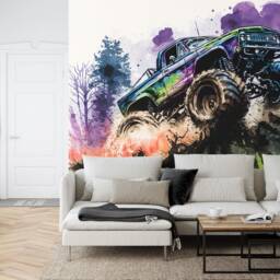 Wallpaper, Monster Truck Watercolor Wall Mural, Kids Room Decor Peel & Stick - thumbnail 3