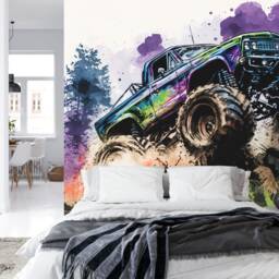 Wallpaper, Monster Truck Watercolor Wall Mural, Kids Room Decor Peel & Stick - thumbnail 2