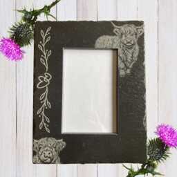 Personalised Slate Photo Frame Highland Cow Decor, Engraved in Scotland - thumbnail 2
