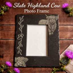 Highland Cow Slate Photo Frame, Rustic Countryside Decor, Engraved Scotland Gift