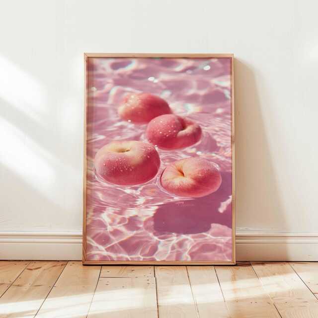 Peach Fruit Wall Art Print, Pink Aesthetic Kitchen Poster, Summer Food Pop Art, Floating Decor, Glossy Digital Design - image 1
