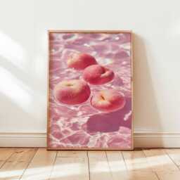 Peach Fruit Wall Art Print, Pink Aesthetic Kitchen Poster, Summer Food Pop Art, Floating Decor, Glossy Digital Design - thumbnail 1