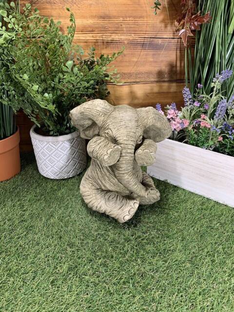 Stone Garden Cute Shy Sitting Baby Elephant Gift Statue Ornament - image 1
