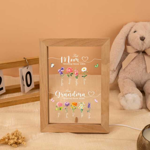 Personalized First Mom Now Grandma Led Frame, Birth Flower Night Light, Mothers Day Gift For Nana Mimi From Grandkids - image 1
