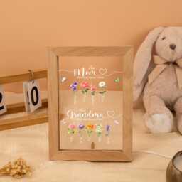 Personalized First Mom Now Grandma Led Frame, Birth Flower Night Light, Mothers Day Gift For Nana Mimi From Grandkids - thumbnail 1
