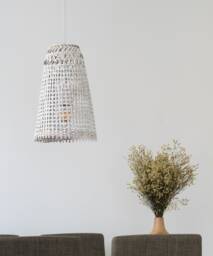 Whitewashed Bamboo Pendant Light - Handmade Rustic Woven Lamp