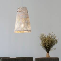 Whitewashed Bamboo Pendant Light - Handmade Rustic Woven Lamp - thumbnail 2