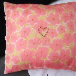 Pink Blossom Silk Cushion Cover. Valentine's Day. Beaded Heart Floral Pillow Sham - thumbnail 3