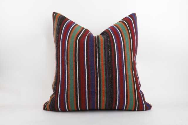 Handwoven Kilim Pillow Cover, 24x24 Turkish Wool Cushion, Bohemian Stripe Design - image 1