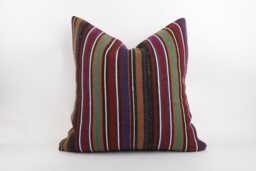 Handwoven Kilim Pillow Cover, 24x24 Turkish Wool Cushion, Bohemian Stripe Design - thumbnail 1