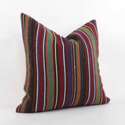 Handwoven Kilim Pillow Cover, 24x24 Turkish Wool Cushion, Bohemian Stripe Design - thumbnail 3