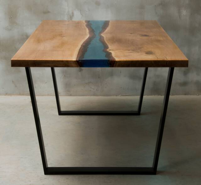 Custom Resin Table Made Of Aok Wood, Live Edge With Azure Resin, Epoxy Table, Dining River Steel Legs, Conference Table - image 1