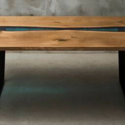 Custom Resin Table Made Of Aok Wood, Live Edge With Azure Resin, Epoxy Table, Dining River Steel Legs, Conference Table - thumbnail 3