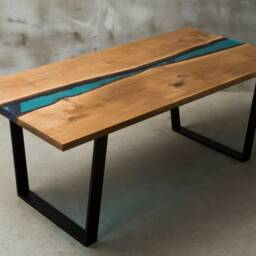 Custom Resin Table Made Of Aok Wood, Live Edge With Azure Resin, Epoxy Table, Dining River Steel Legs, Conference Table - thumbnail 2