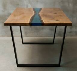Custom Resin Table Made Of Aok Wood, Live Edge With Azure Resin, Epoxy Table, Dining River Steel Legs, Conference Table