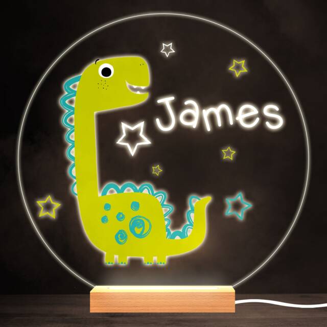 Green Happy Dinosaur Colourful Round Personalised Gift Led Lamp Night Light - Bedroom - image 1