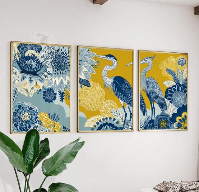 Blue & Gold Heron Wall Art Set Of 3 - Modern Botanical Bird Print Elegant Floral Pattern Artwork Stylish Living Room Decor - image 1