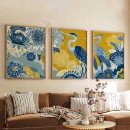 Blue & Gold Heron Wall Art Set Of 3 - Modern Botanical Bird Print Elegant Floral Pattern Artwork Stylish Living Room Decor - thumbnail 3