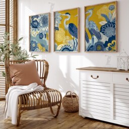 Blue & Gold Heron Wall Art Set Of 3 - Modern Botanical Bird Print Elegant Floral Pattern Artwork Stylish Living Room Decor - thumbnail 2